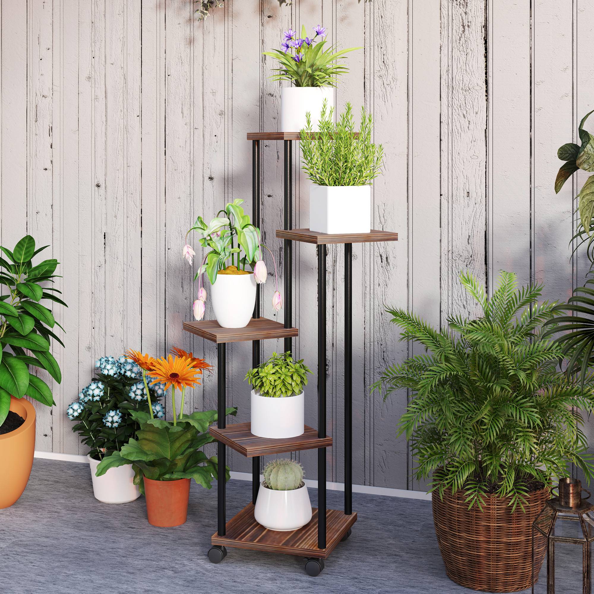 Porte-plantes 5 niveaux bois acier balcon terrasse roulettes freins 59x59x110cm marron - ComfortXL Outdoor Living - Image 10