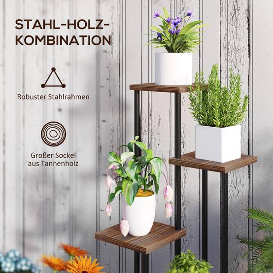 Porte-plantes 5 niveaux bois acier balcon terrasse roulettes freins 59x59x110cm marron - ComfortXL Outdoor Living - Image 8