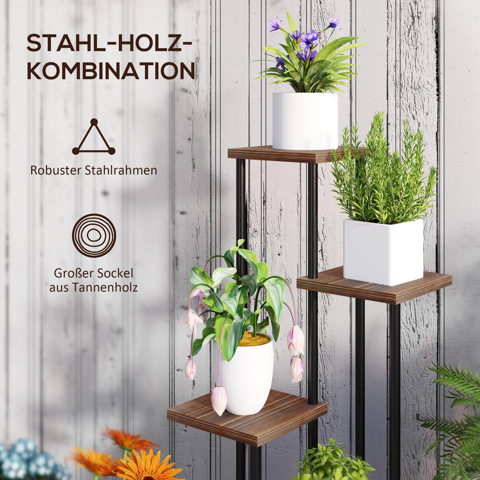 Porte-plantes 5 niveaux bois acier balcon terrasse roulettes freins 59x59x110cm marron - ComfortXL Outdoor Living - Image 8