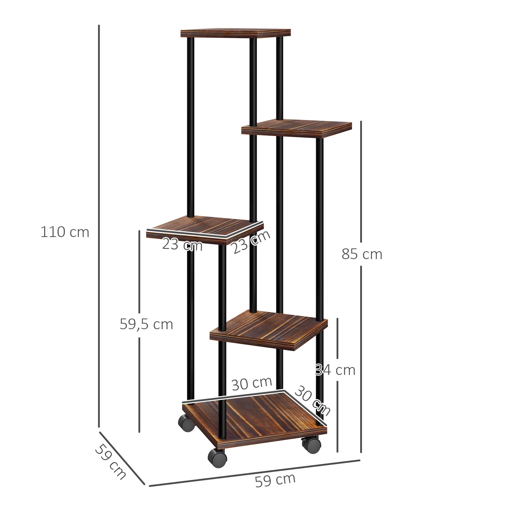 Porte-plantes 5 niveaux bois acier balcon terrasse roulettes freins 59x59x110cm marron - ComfortXL Outdoor Living - Image 5
