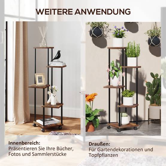 Porte-plantes 5 niveaux bois acier balcon terrasse roulettes freins 59x59x110cm marron - ComfortXL Outdoor Living - Image 9