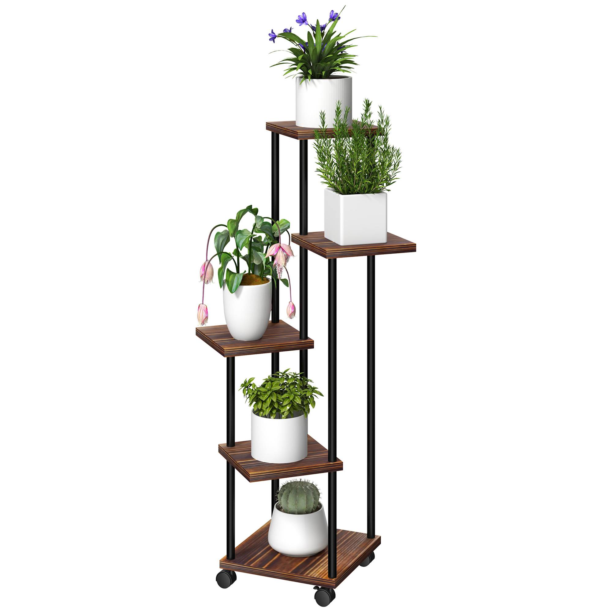 Porte-plantes 5 niveaux bois acier balcon terrasse roulettes freins 59x59x110cm marron - ComfortXL Outdoor Living - Image 2