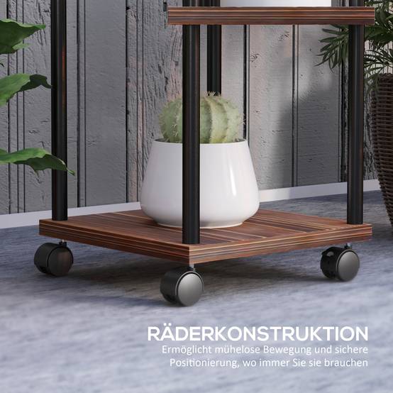 Porte-plantes 5 niveaux bois acier balcon terrasse roulettes freins 59x59x110cm marron - ComfortXL Outdoor Living - Image 7