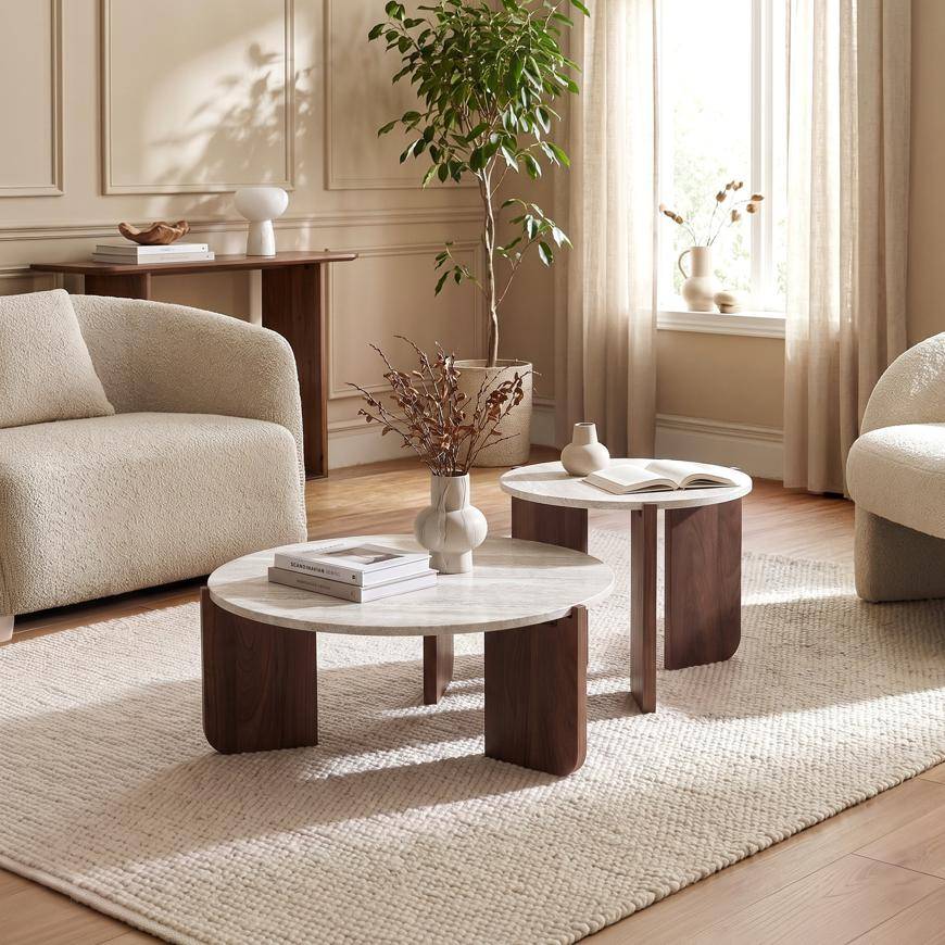 Sicaan Lot de 2 tables basses gigognes rondes Ø70cm et Ø50cm effet travertin - JADE - Image 1