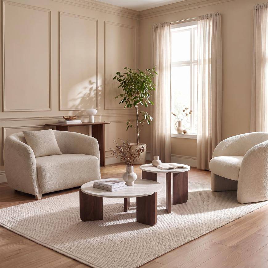 Sicaan Lot de 2 tables basses gigognes rondes Ø70cm et Ø50cm effet travertin - JADE - Image 7