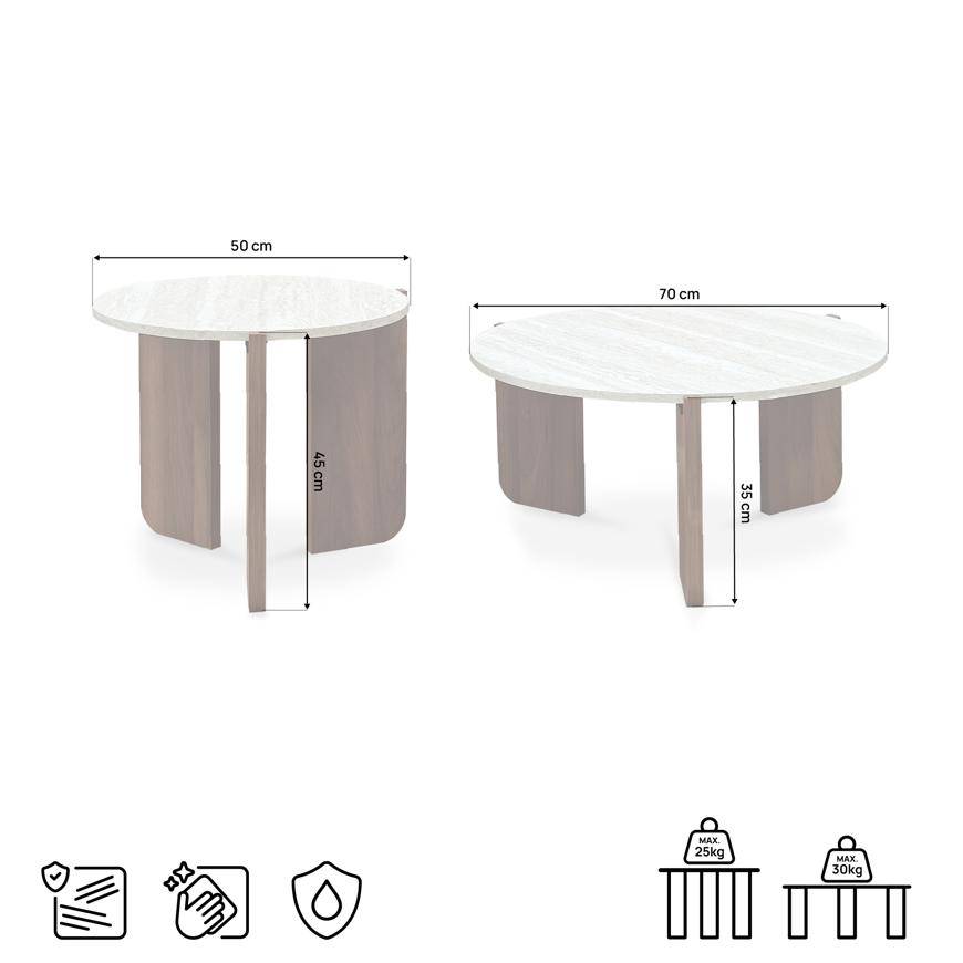 Sicaan Lot de 2 tables basses gigognes rondes Ø70cm et Ø50cm effet travertin - JADE - Image 2