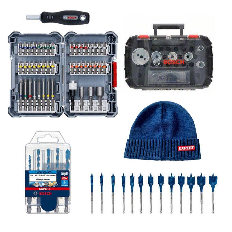 Bosch - Kit BOSCH 5 forets expert + Assortiment d’embouts de vissage + Coffret de scie trépan + Trousse mèches plates + Bonnet Bosch - Image 1