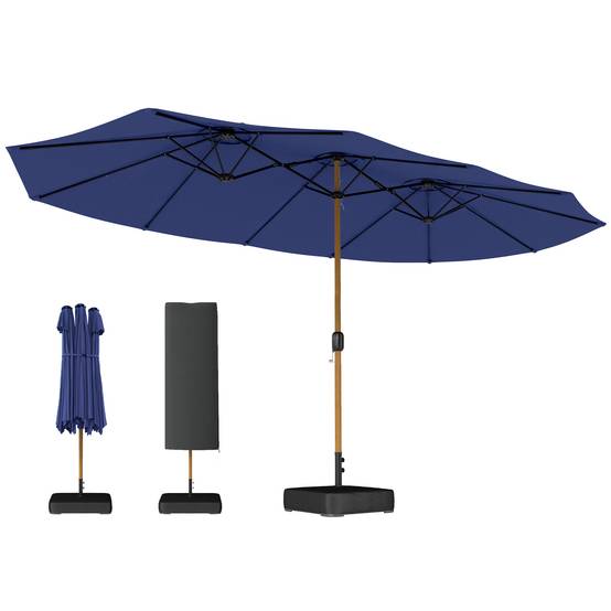 Parasol double à 12 baleines avec manivelle, base en croix et sacs de sable, 4,7x2,8 m, bleu foncé - Image 1