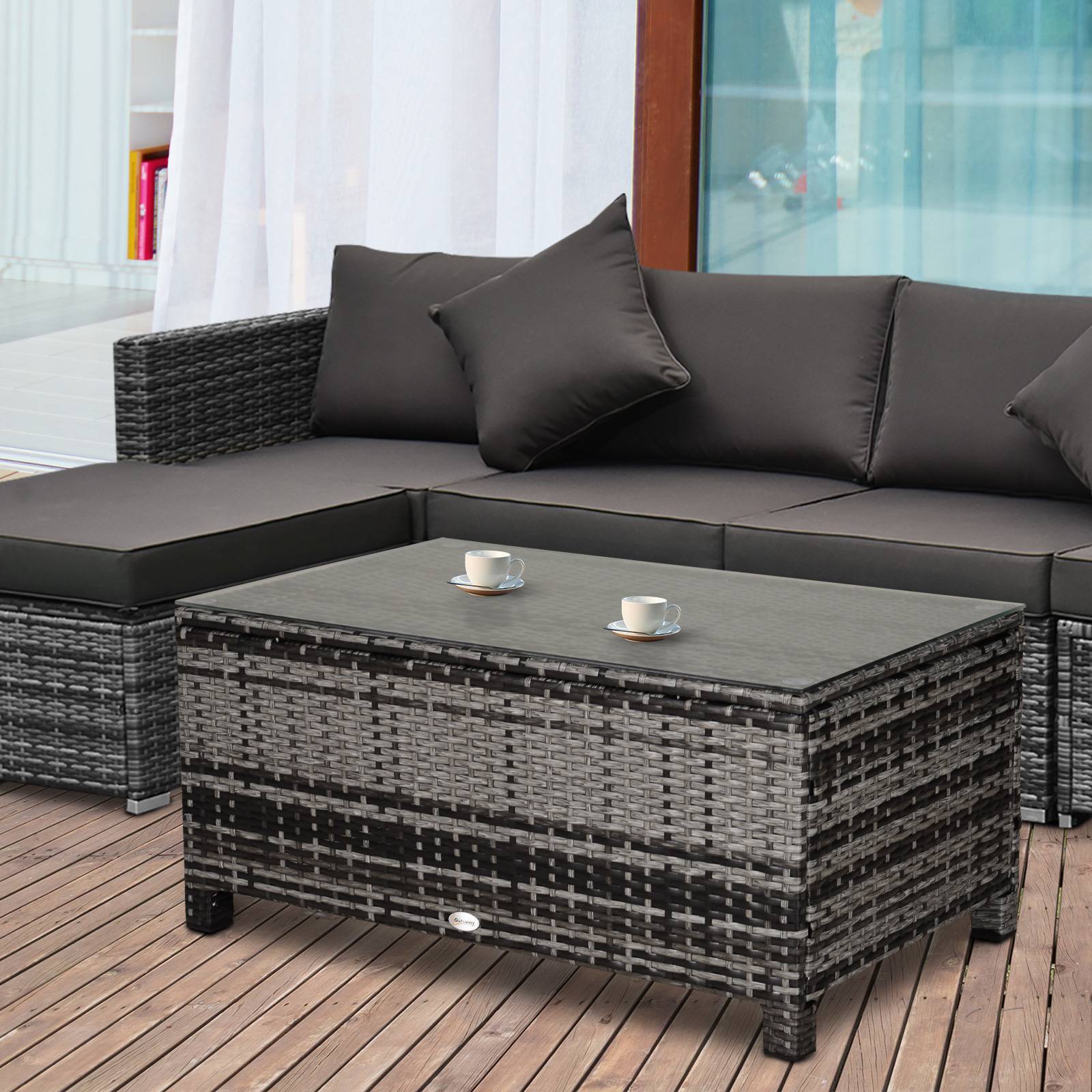 Sans Marque - Table Basse de Jardin Plateau Verre trempé 5 mm rotin tressé 85 x 50 x 39cm Max. 70 kg gris - Image 4