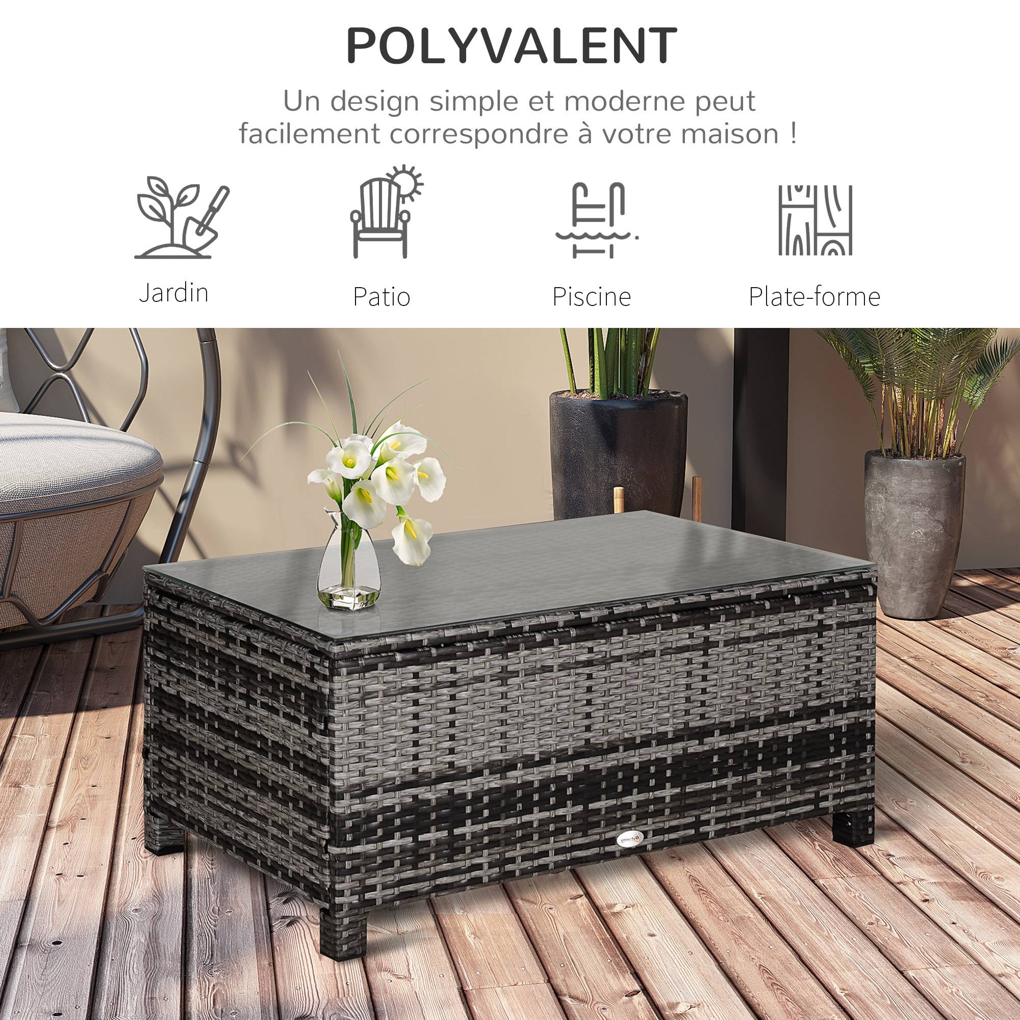 Sans Marque - Table Basse de Jardin Plateau Verre trempé 5 mm rotin tressé 85 x 50 x 39cm Max. 70 kg gris - Image 8