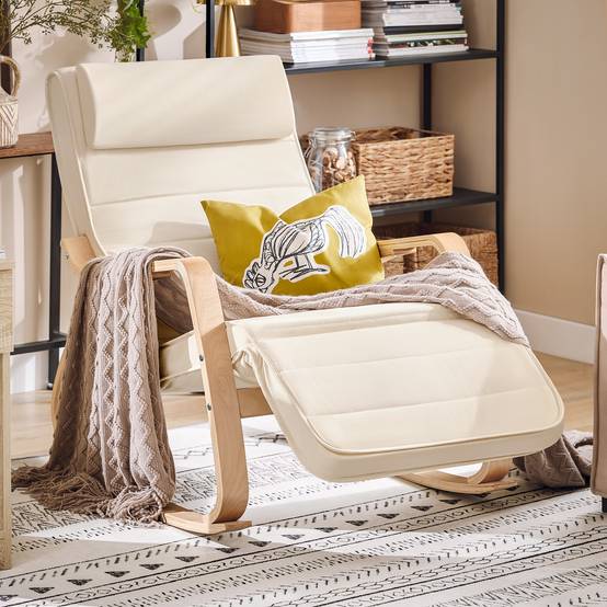 SoBuy Fauteuil à Bascule Relax avec Repose-Pieds et Appui-Tête Réglables, Chaise Berçante Confortable, Couleur Beige, Modèle FST16-W - Image 10