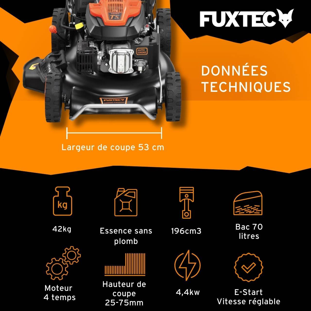 FUXTEC - Tondeuse thermique autotractée FUXTEC FX-RM5396ESPRO – 53 cm, 6 CV, 196 cm³, bac 70 L, démarrage électrique, vitesse réglable - FUXTEC - Image 3
