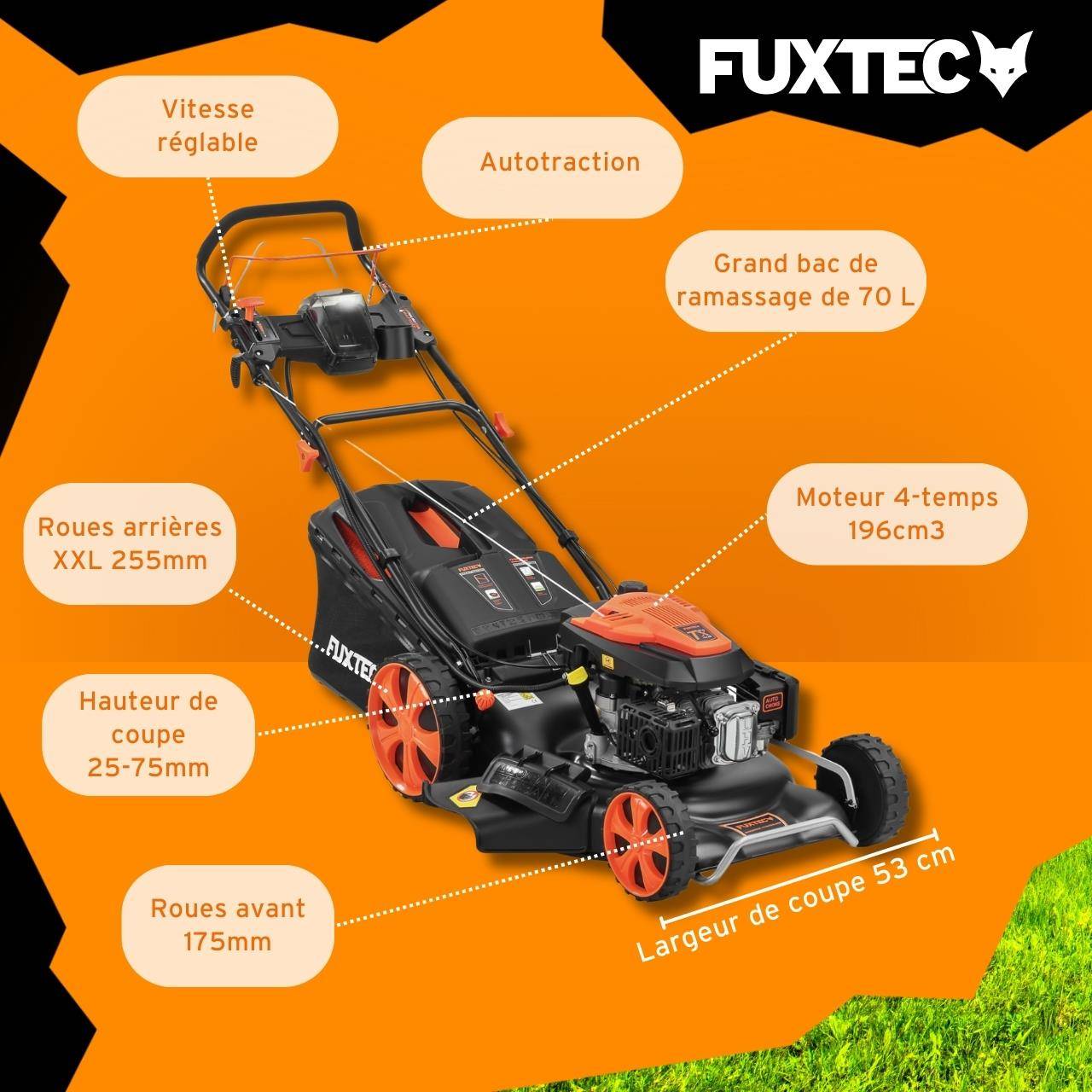 FUXTEC - Tondeuse thermique autotractée FUXTEC FX-RM5396ESPRO – 53 cm, 6 CV, 196 cm³, bac 70 L, démarrage électrique, vitesse réglable - FUXTEC - Image 6