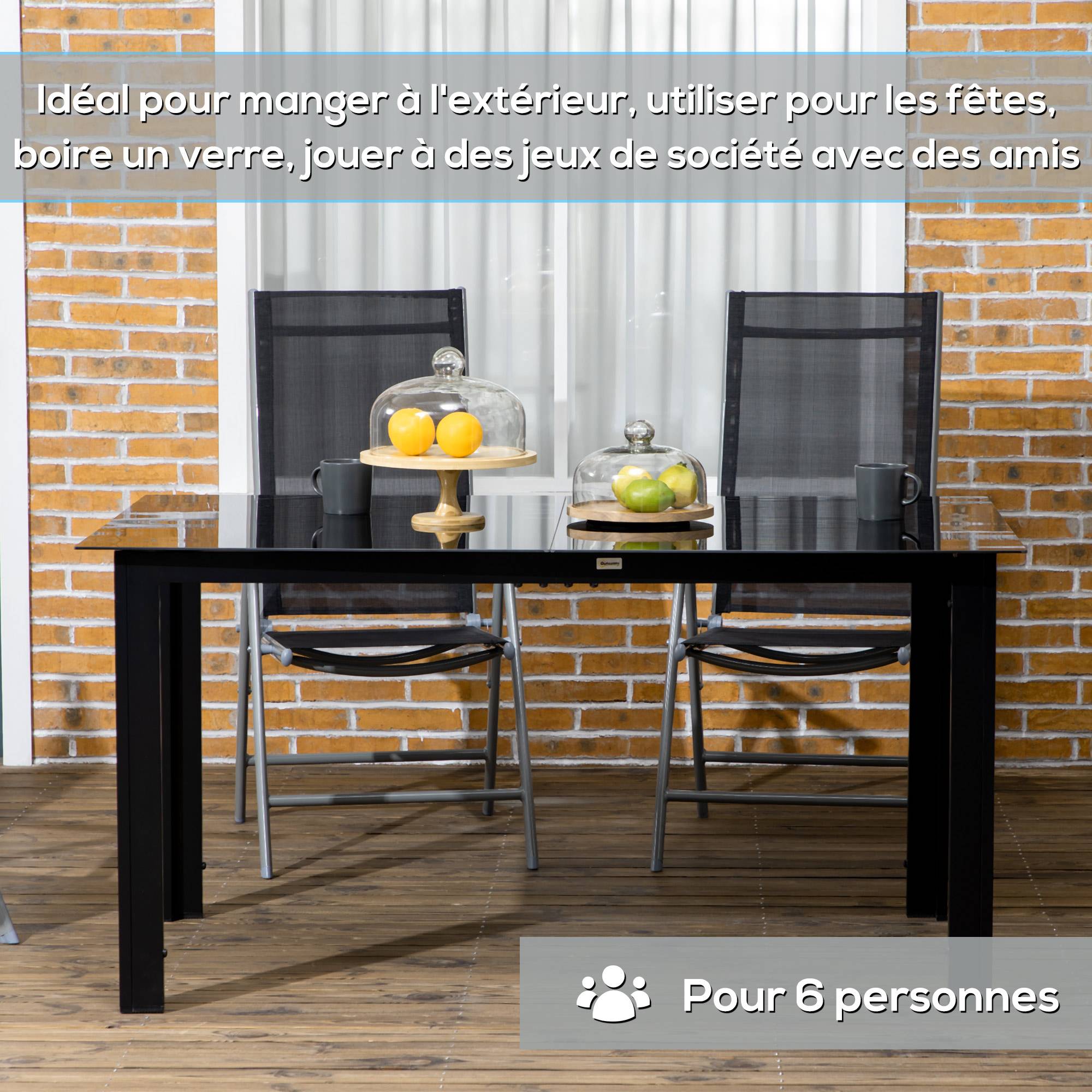 Table de jardin rectangulaire en aluminium et plateau en verre trempé - 6 personnes 150 x 90 x 74 cm noir - Image 8