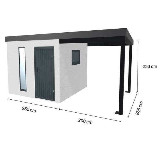 Abri de jardin en métal finition crépi 2500 x 2560 mm, blanc avec auvent à droite 2000 x 2560 mm anthracite. - Image 1