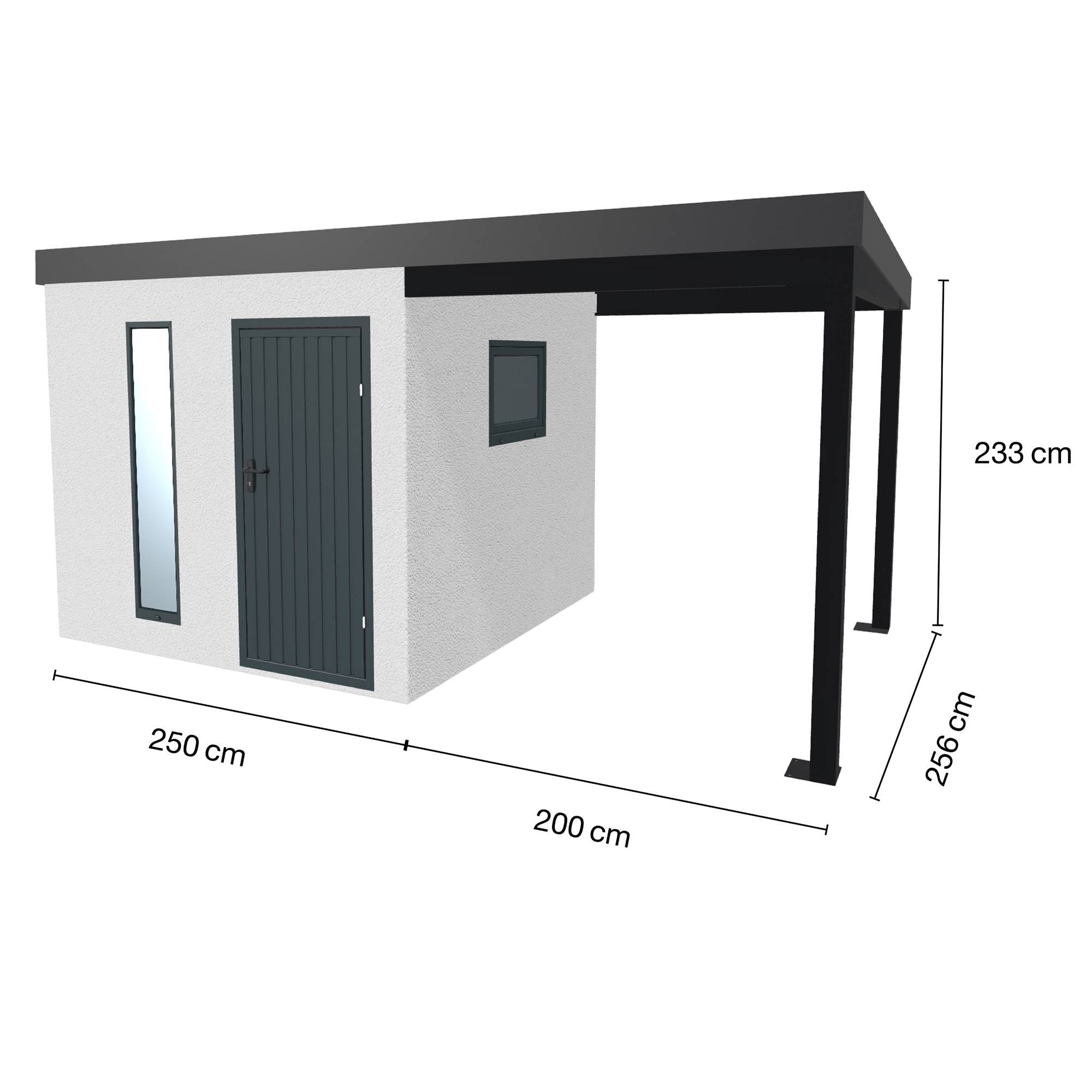 Abri de jardin en métal finition crépi  2500 x 2560 mm, blanc avec auvent à droite 2000 x 2560 mm anthracite. - Image 1