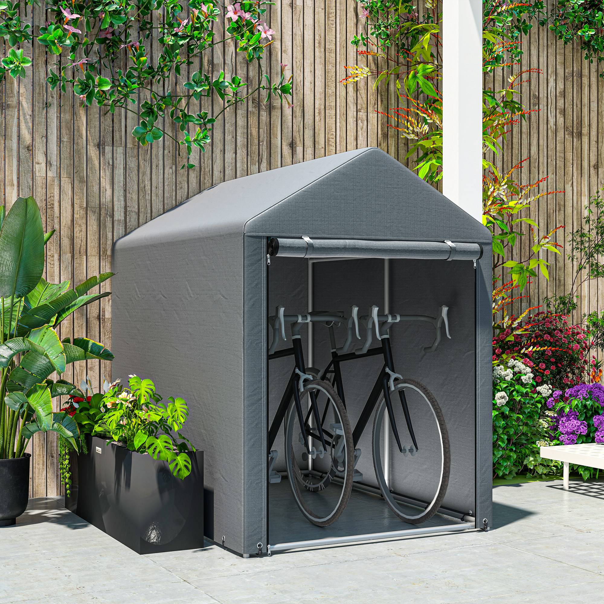 ComfortXL - Tente de stockage toile PE extérieur abri vélos outils porte zippée 120x179x165cm gris - ComfortXL Outdoor Living - Image 9