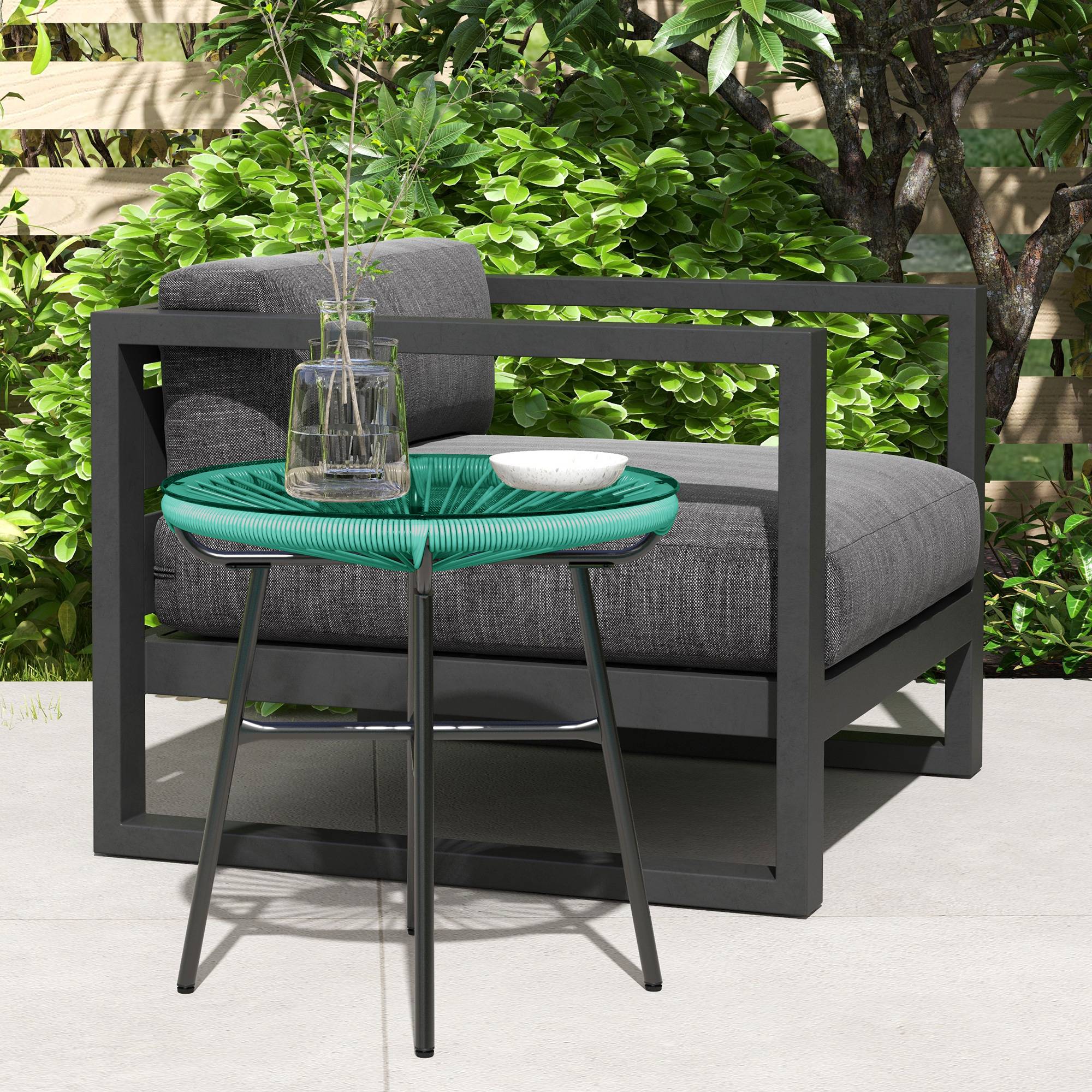 Sans Marque - Table basse ronde de jardin en résine aspect rotin métal et plateau verre trempé Ø 50 x 50H cm - Image 4