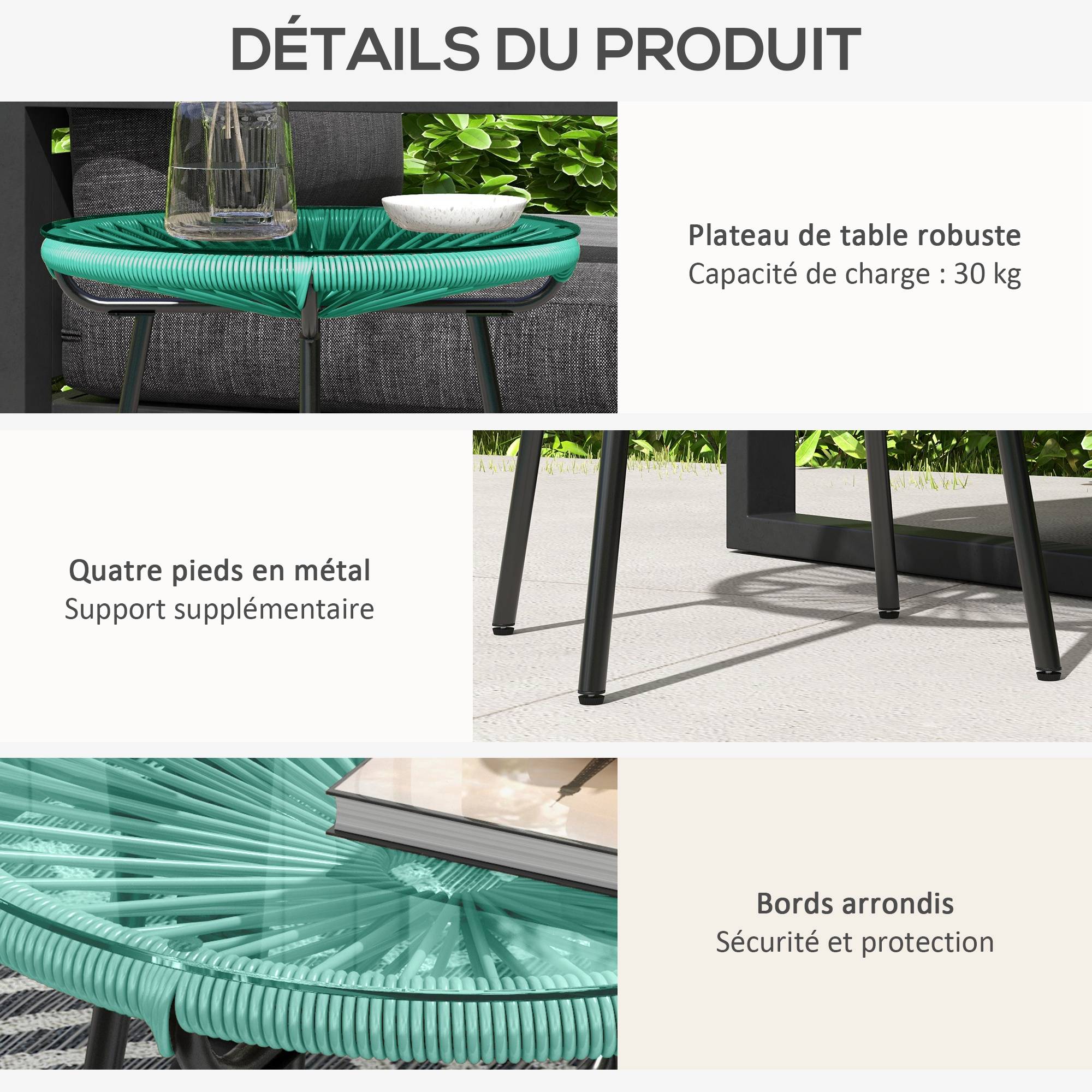 Sans Marque - Table basse ronde de jardin en résine aspect rotin métal et plateau verre trempé Ø 50 x 50H cm - Image 8