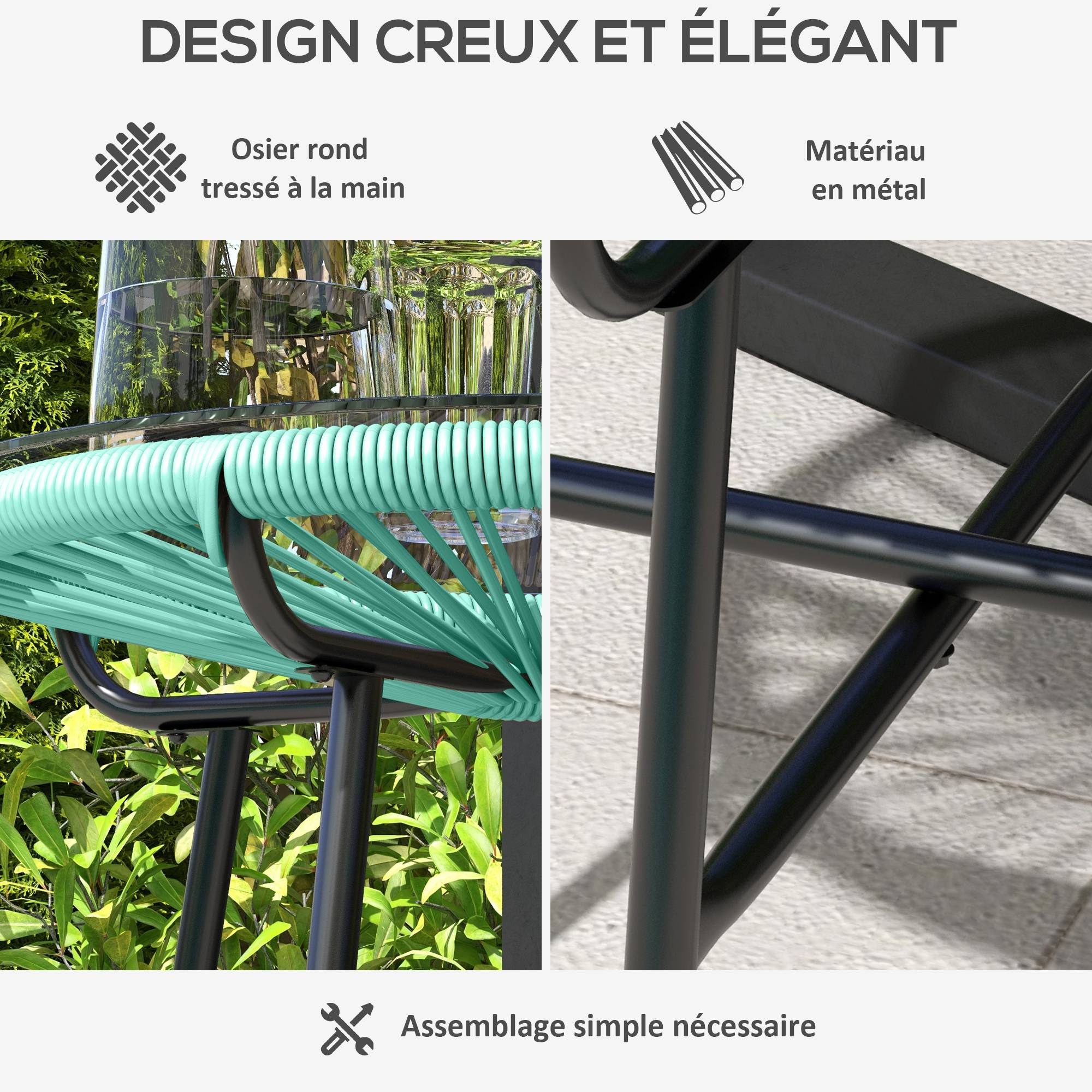 Sans Marque - Table basse ronde de jardin en résine aspect rotin métal et plateau verre trempé Ø 50 x 50H cm - Image 7