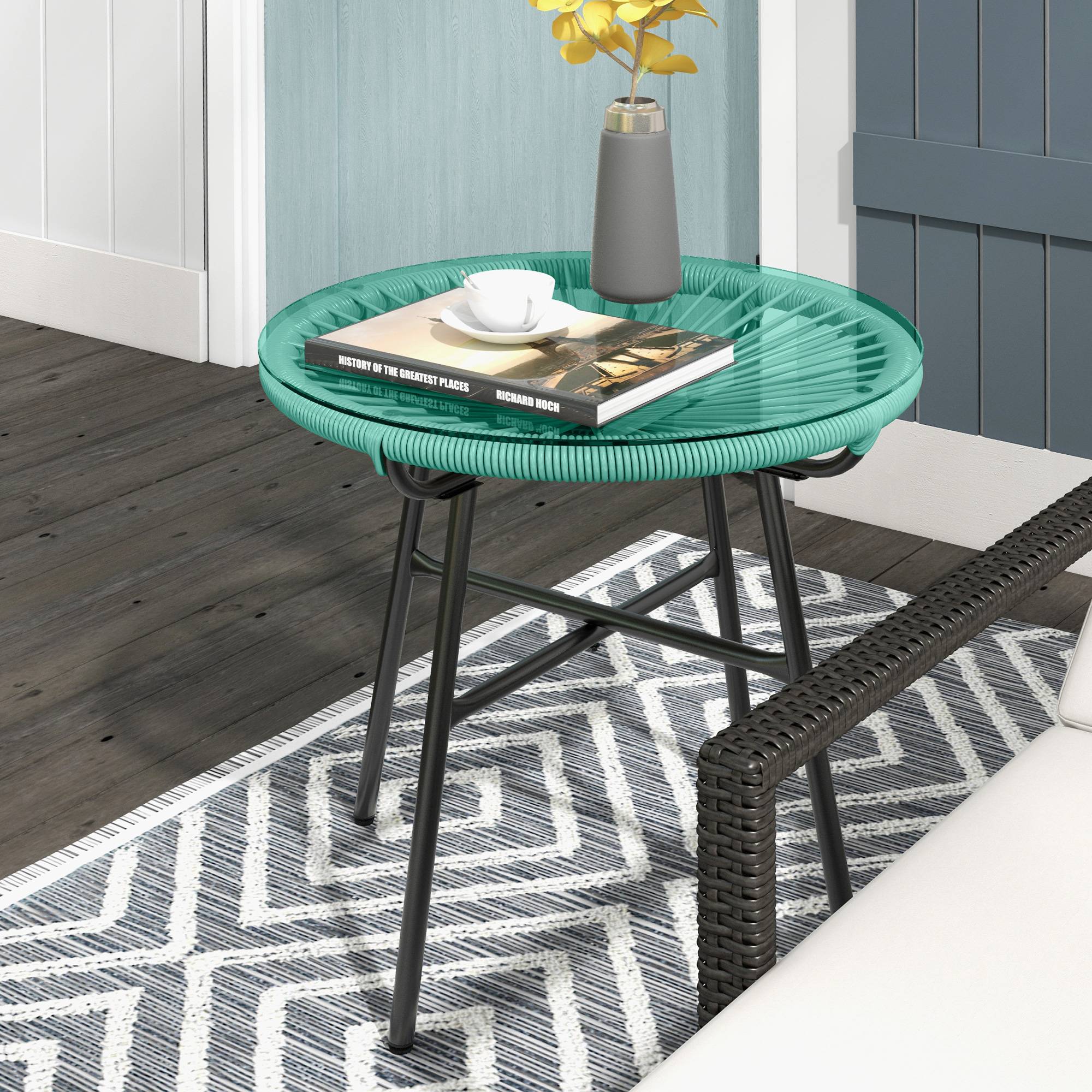 Sans Marque - Table basse ronde de jardin en résine aspect rotin métal et plateau verre trempé Ø 50 x 50H cm - Image 3
