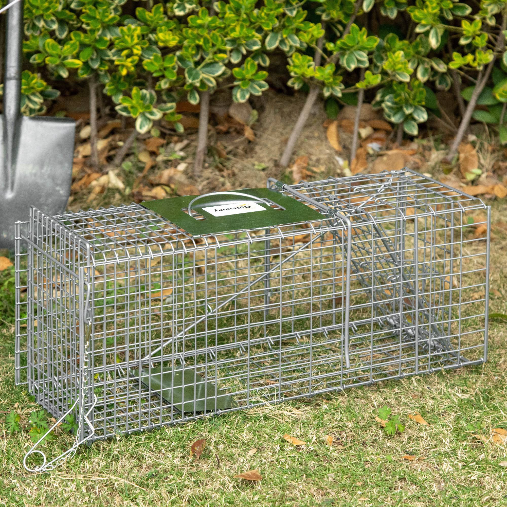 Cage de capture pliable pour animaux vivants, 66 x 24 x 30,5 cm, en fil de fer, avec porte et poignée, pour lapins, couleur argent. - Image 4