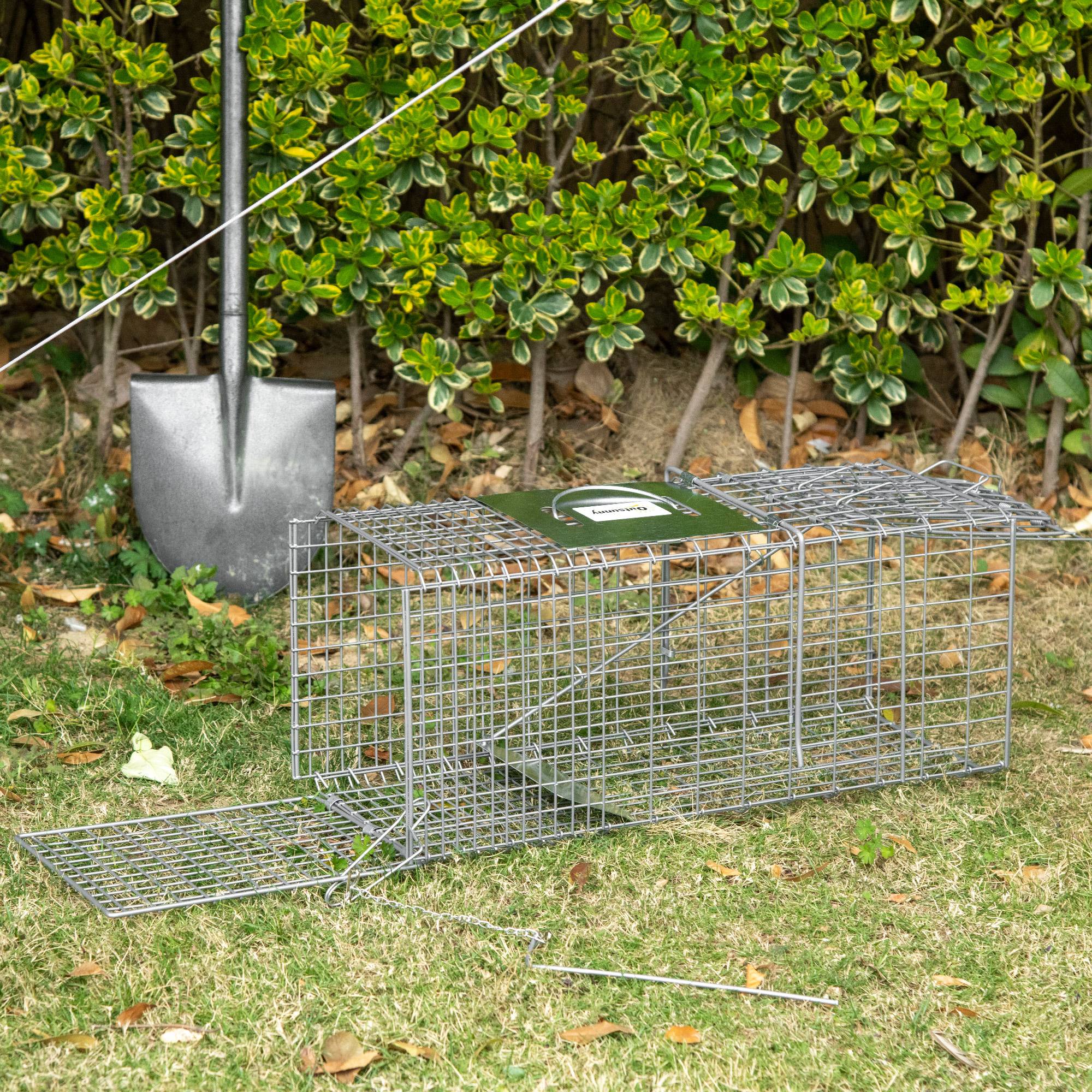 Cage de capture pliable pour animaux vivants, 66 x 24 x 30,5 cm, en fil de fer, avec porte et poignée, pour lapins, couleur argent. - Image 3