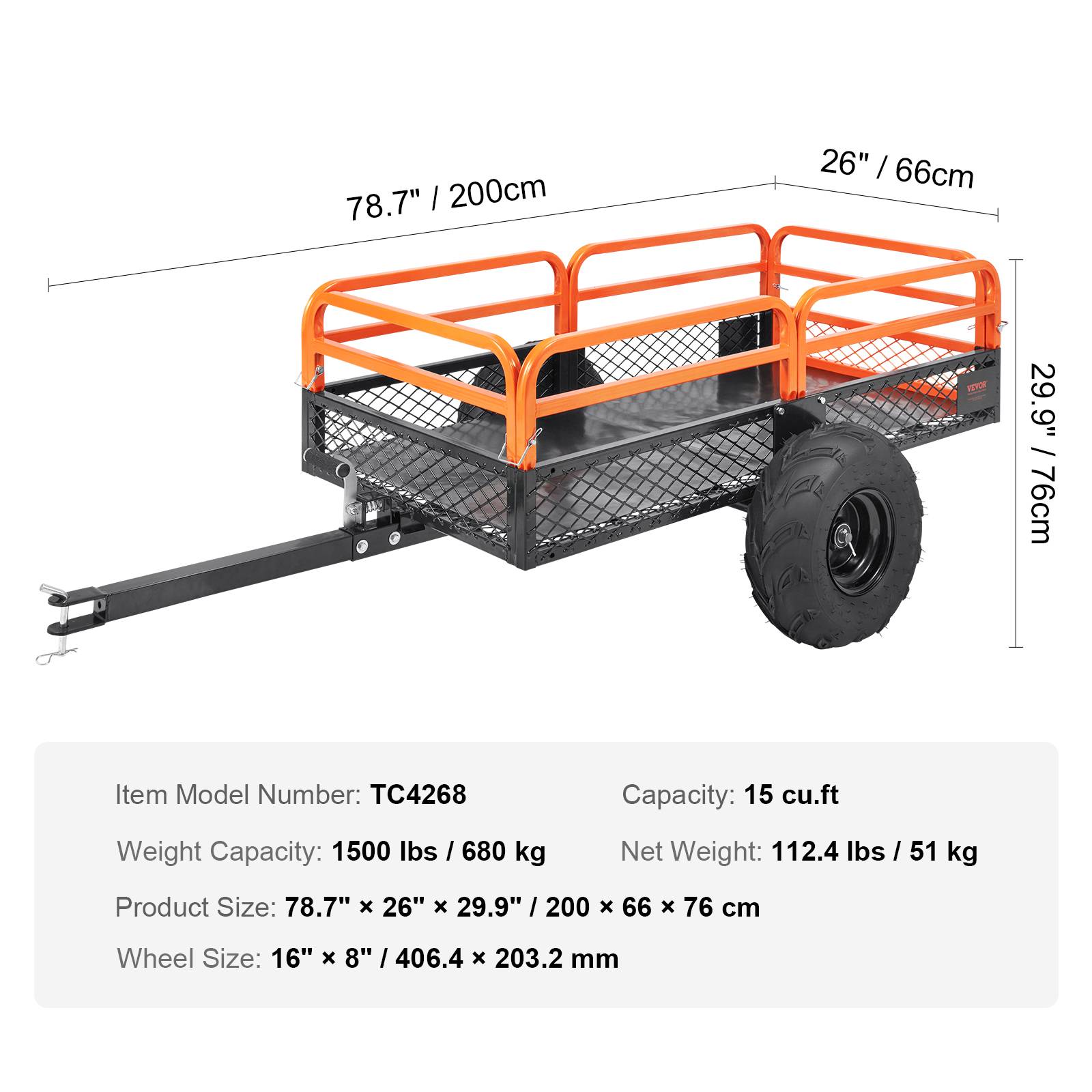 VEVOR Remorque benne basculante 680 kg, côtés amovibles, chariot déversement 0,4 m³, pour tracteur/VTT. - Image 7