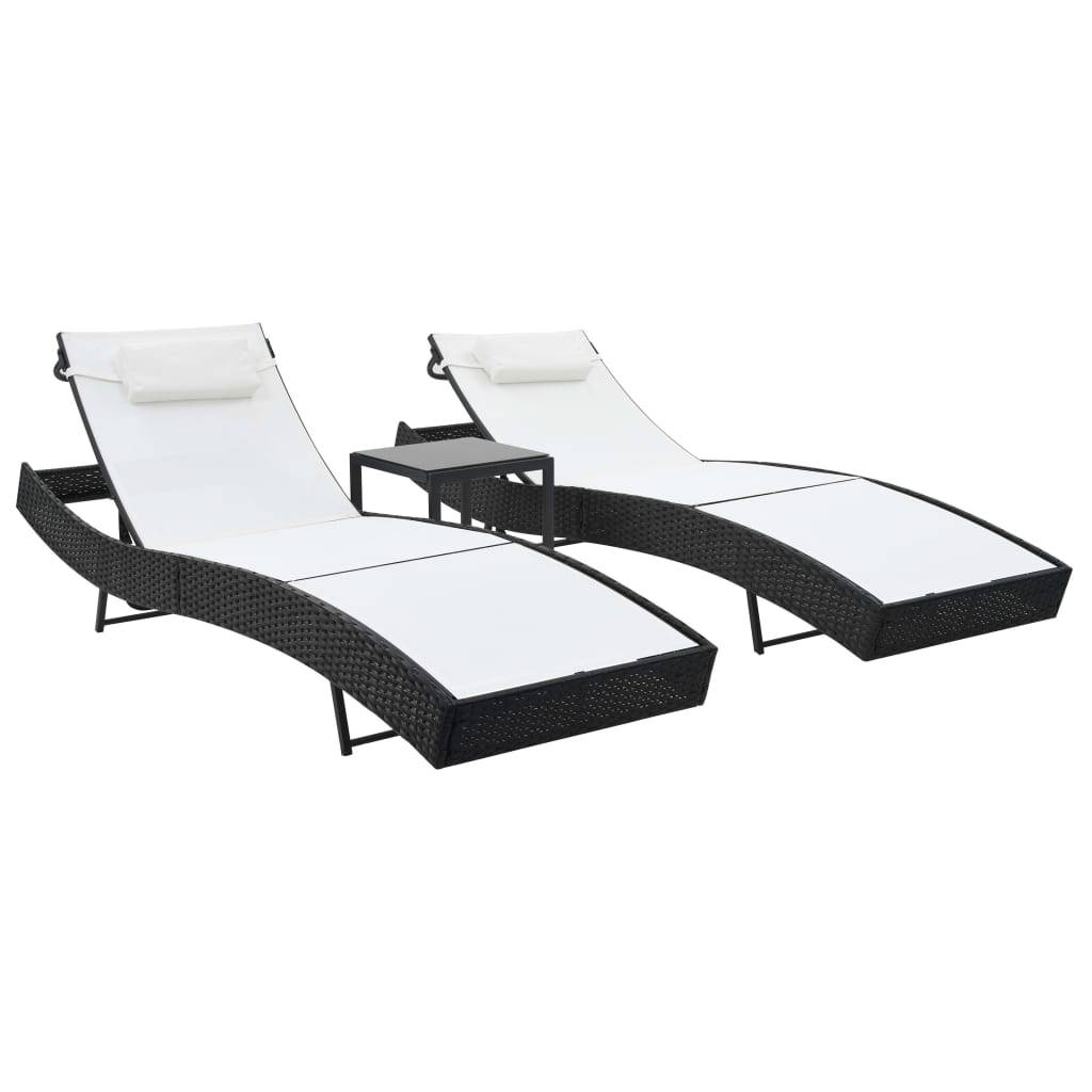 Helloshop26 - Lot de 2 transats chaise longue bain de soleil lit de jardin terrasse meuble d'extérieur et table résine tressée et textilène noir - Image 1