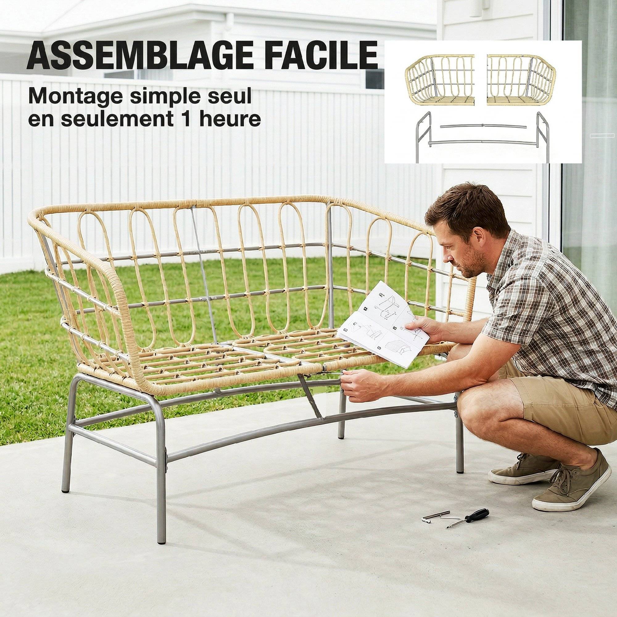 Canapé de Jardin 2 Places en Résine Tressée Coussins Épais Anti-glisse 120 x 67 x 79 cm Marron - Image 10