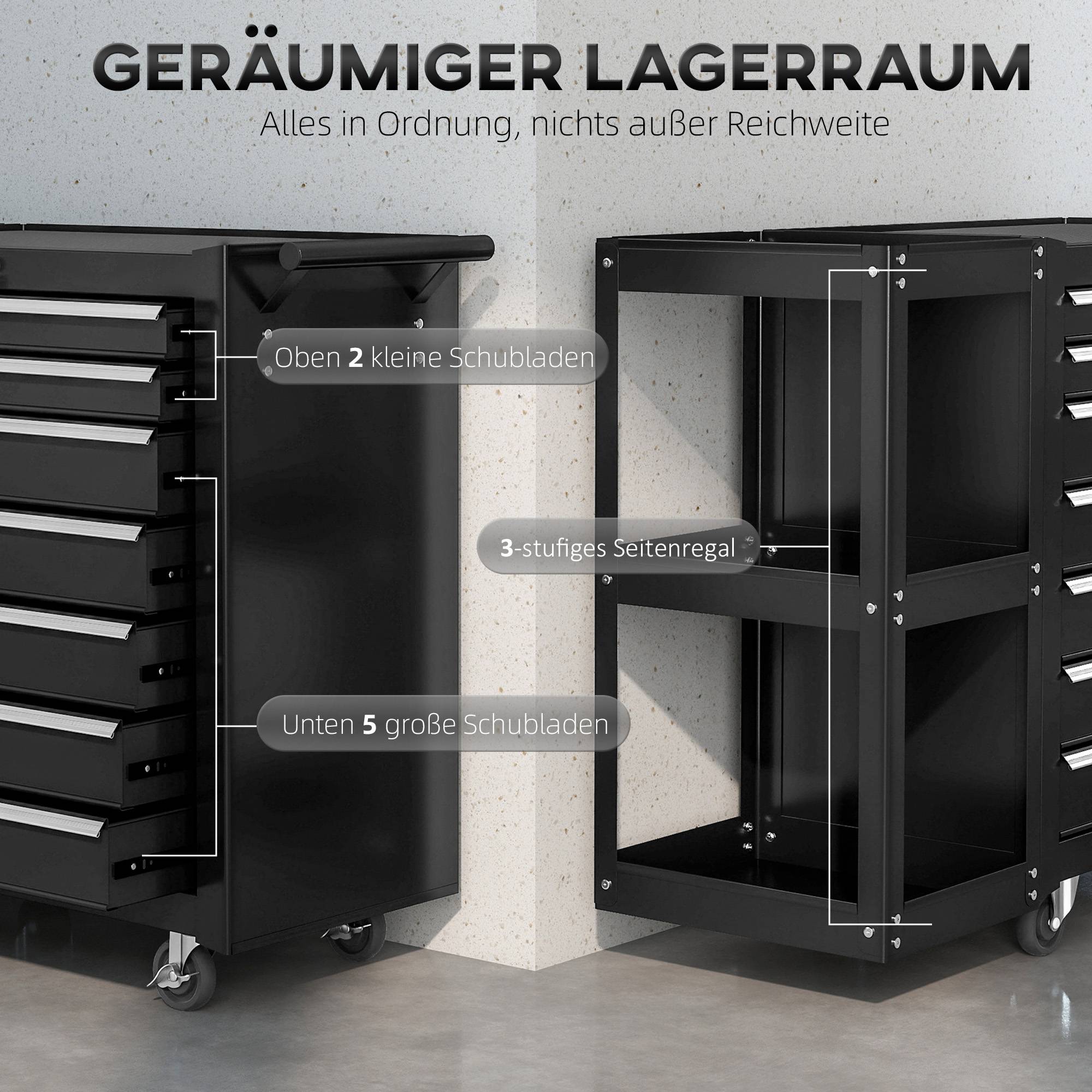 Sans Marque - Chariot atelier 7 tiroirs, étagère latérale amovible, 4 roues freinées, 96x33,5x75cm, noir - Image 6
