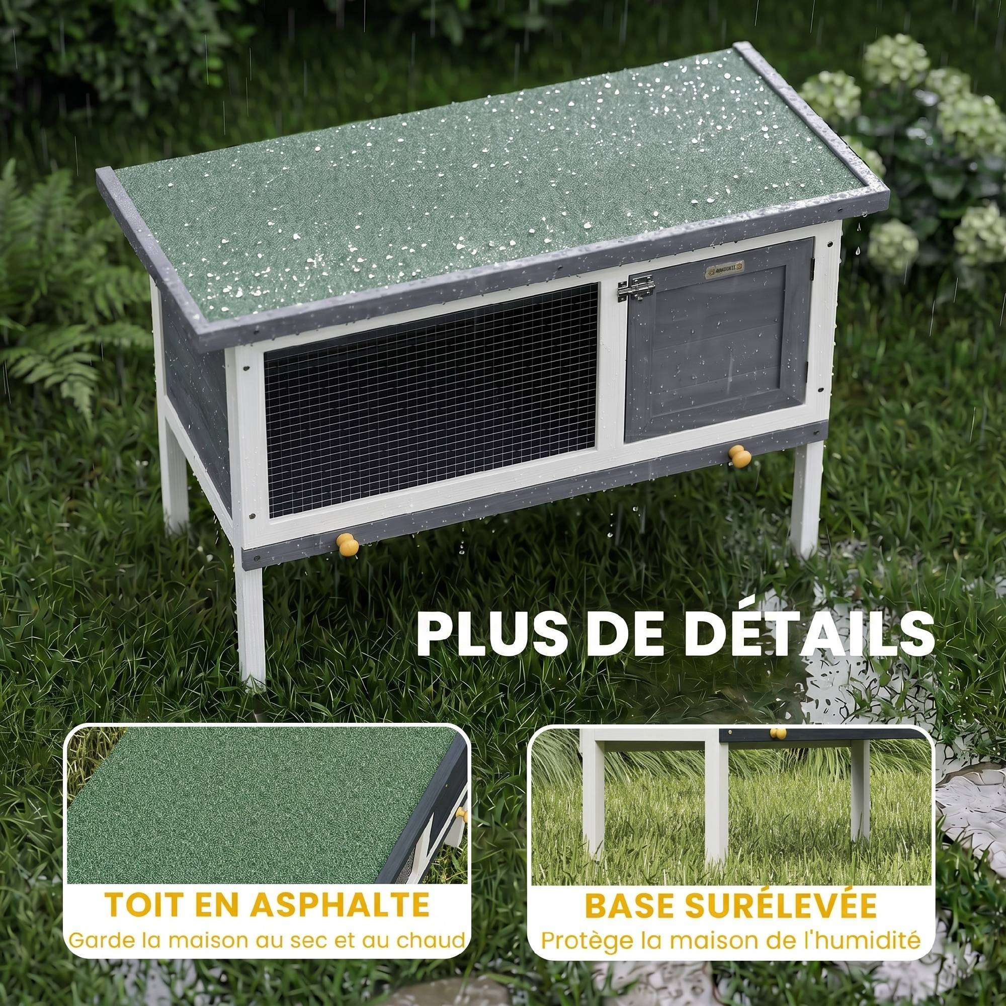 Clapier Lapin Extérieur en Bois, avec Toit Ouvrable en Asphalt et Plateau Coulissant, Design Surélevé, 90x45x65cm, Gris - Image 9
