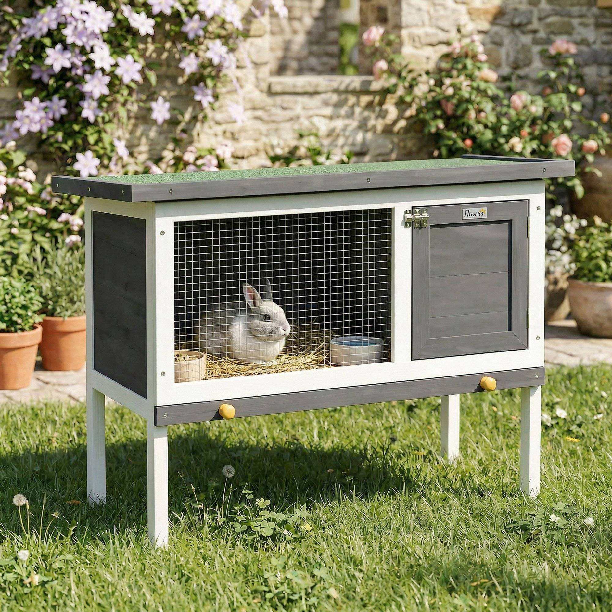 Clapier Lapin Extérieur en Bois, avec Toit Ouvrable en Asphalt et Plateau Coulissant, Design Surélevé, 90x45x65cm, Gris - Image 10