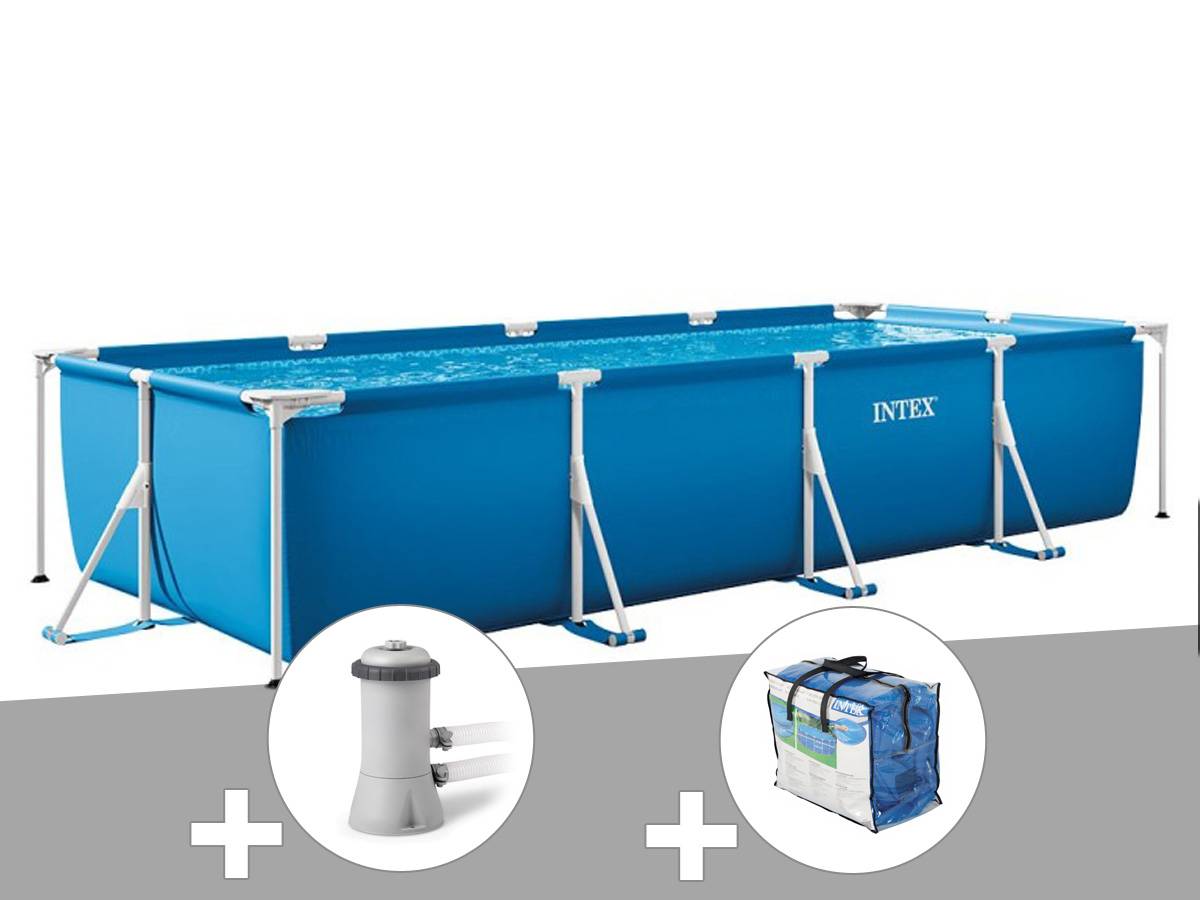 Kit piscine tubulaire rectangulaire Intex 4,50 x 2,20 x 0,84 m + Filtration à cartouche + Bâche à bulles - Image 1