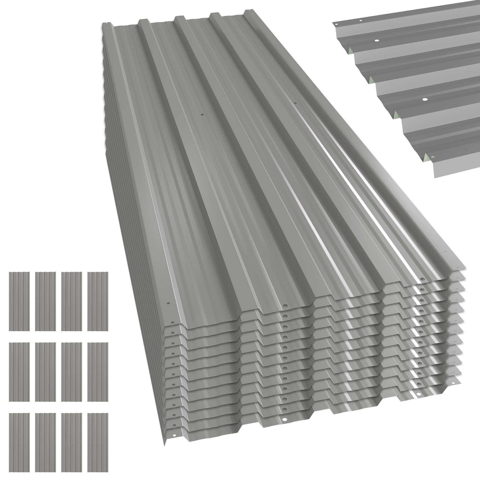 Sans Marque - 12 tôles trapézoïdales 129x45 cm 7m² galvanisées 0,25mm intempéries profilées gris clair - Image 2