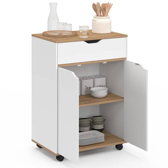 Desserte de cuisine COSY placard avec tiroir bois blanc et plateaux façon hêtre L.60 CM - Image 4