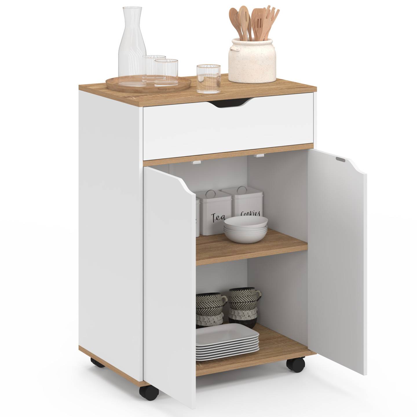 Desserte de cuisine COSY placard avec tiroir bois blanc et plateaux façon hêtre L.60 CM - Image 4