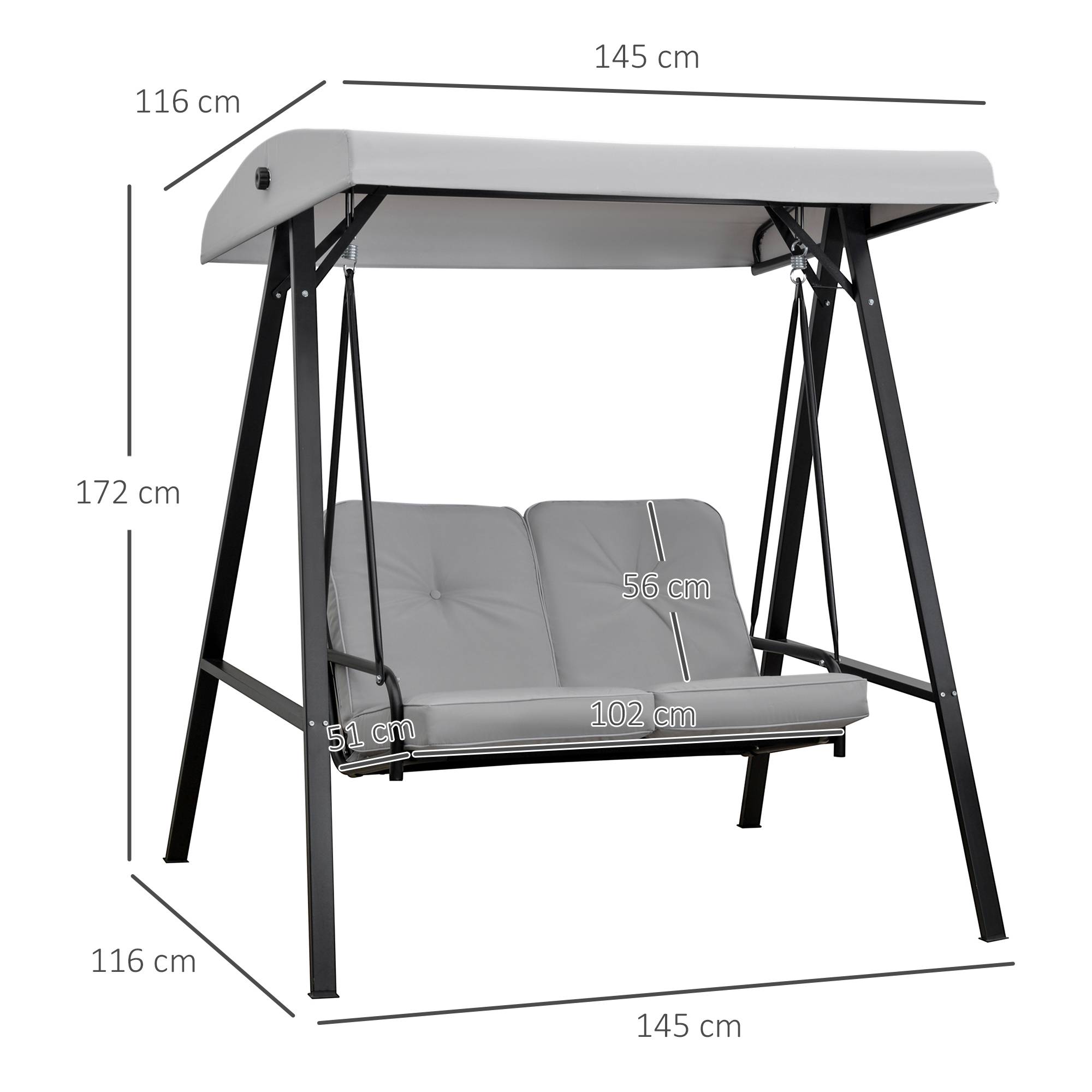 Outsunny - Balancelle de jardin 2 places grand confort coussins d'assise et dossier fournis accoudoirs pare-soleil gris - Outsunny - Image 3