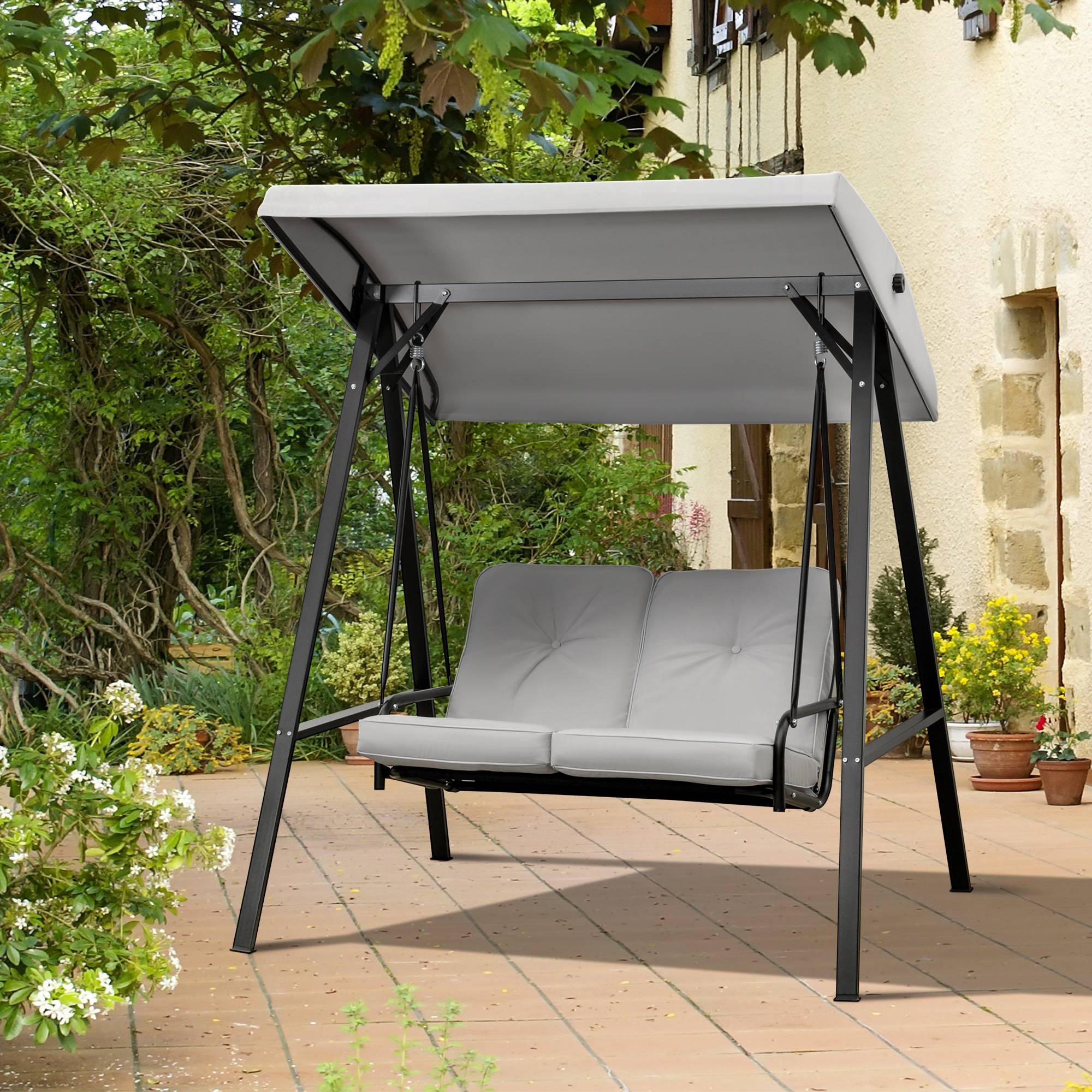Outsunny - Balancelle de jardin 2 places grand confort coussins d'assise et dossier fournis accoudoirs pare-soleil gris - Outsunny - Image 2