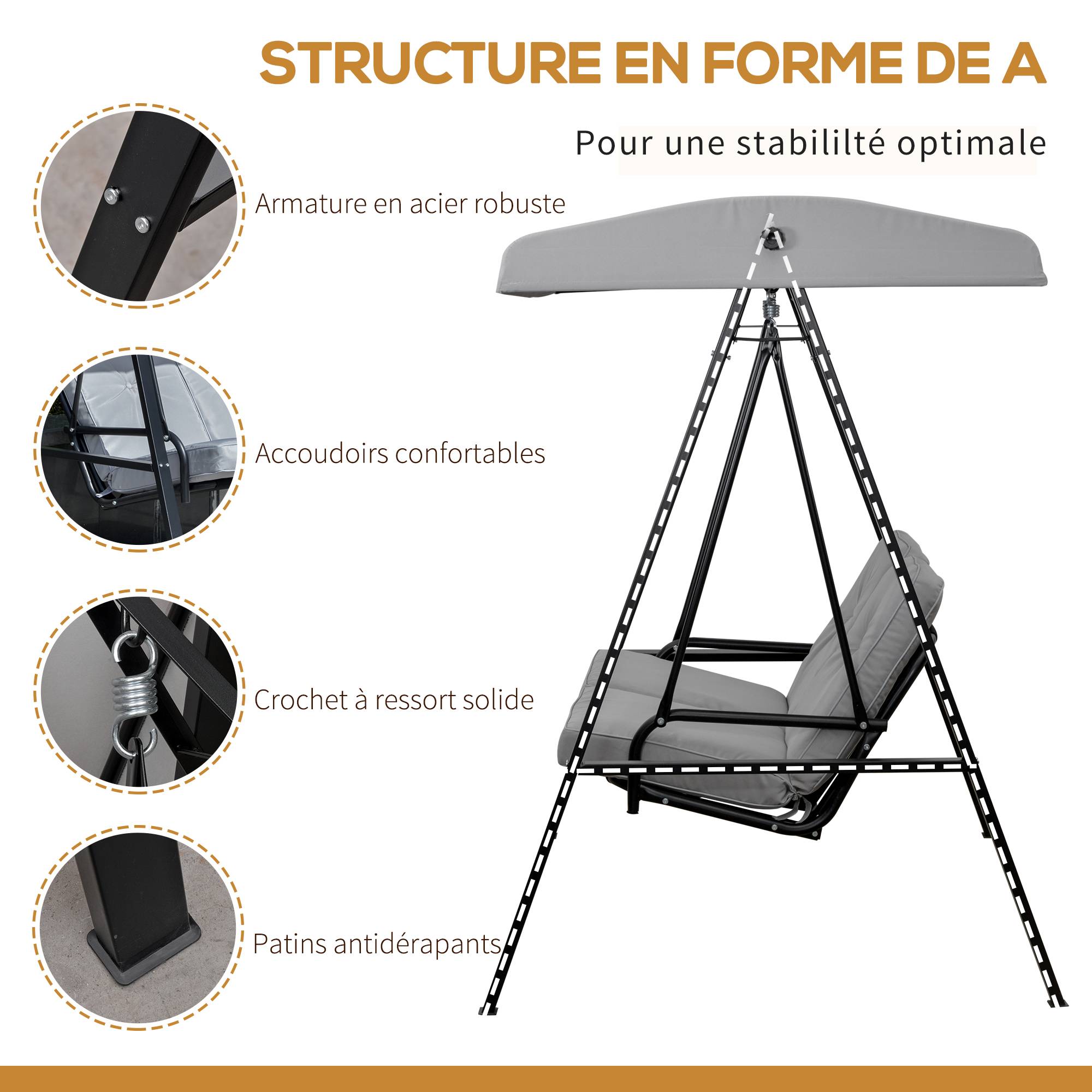 Outsunny - Balancelle de jardin 2 places grand confort coussins d'assise et dossier fournis accoudoirs pare-soleil gris - Outsunny - Image 5