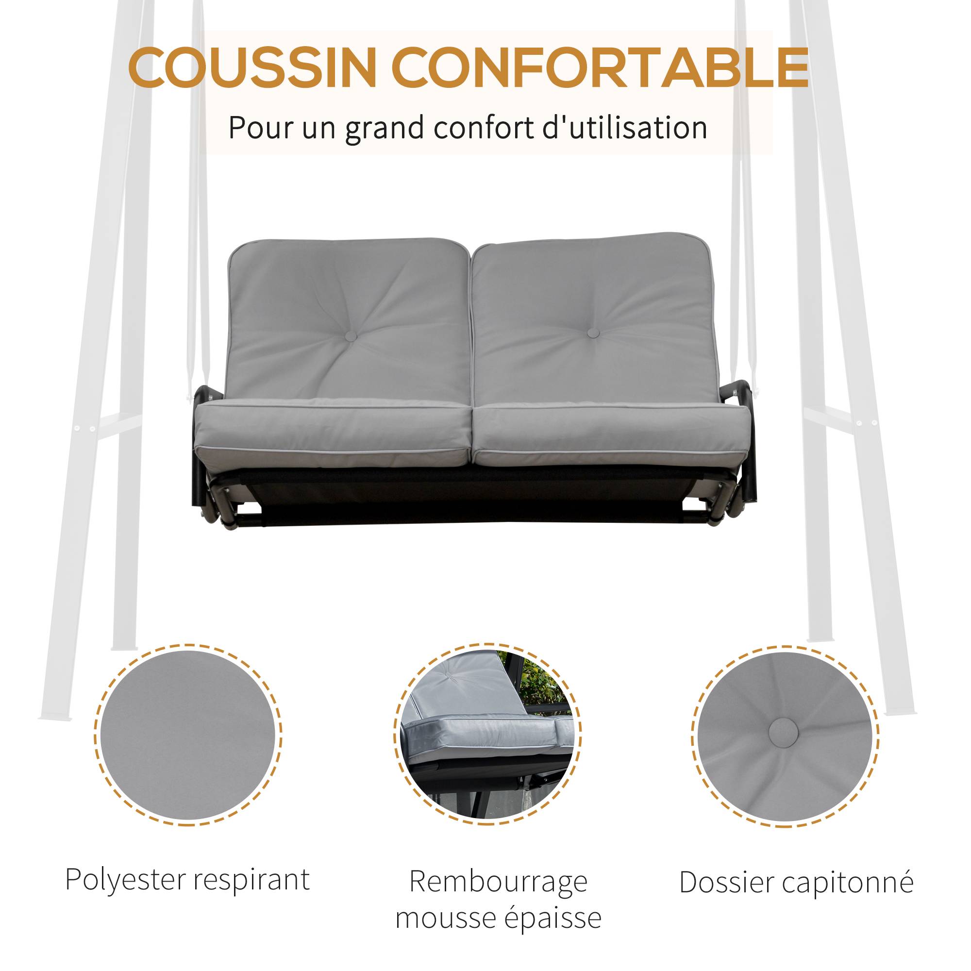 Outsunny - Balancelle de jardin 2 places grand confort coussins d'assise et dossier fournis accoudoirs pare-soleil gris - Outsunny - Image 6
