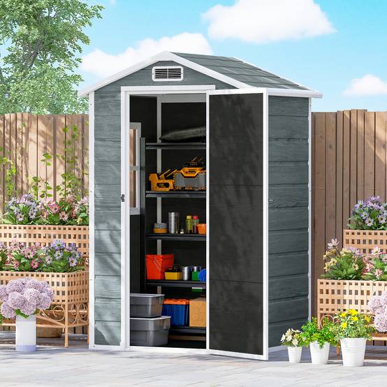 ComfortXL - Abri de jardin en plastique et aluminium 1,16 × 0,94 m gris effet bois avec fenêtre ventilation toit double pente - Image 4
