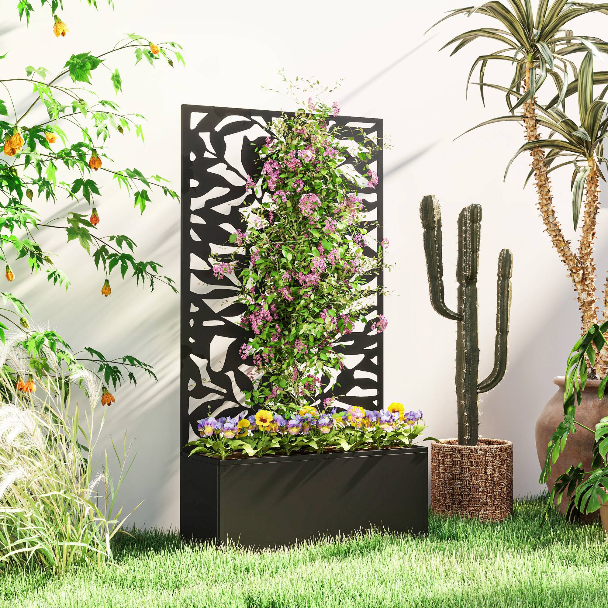 Outsunny - Jardinière avec treillis brise-vue paravent sur pieds/murale bac fleurs rectangulaire balcon/terrasse/patio 61x23x113 cm métal noir - Outsunny - Image 2