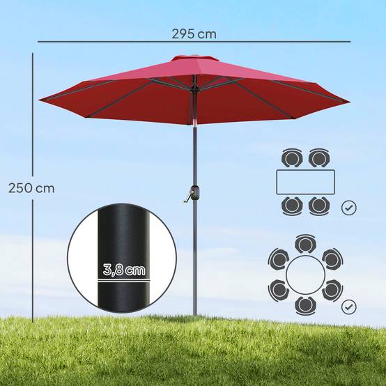Parasol jardin Ø295x250 cm, manivelle, inclinable, mât métallique amovible, terrasse piscine patio, rouge bordeaux - Image 5