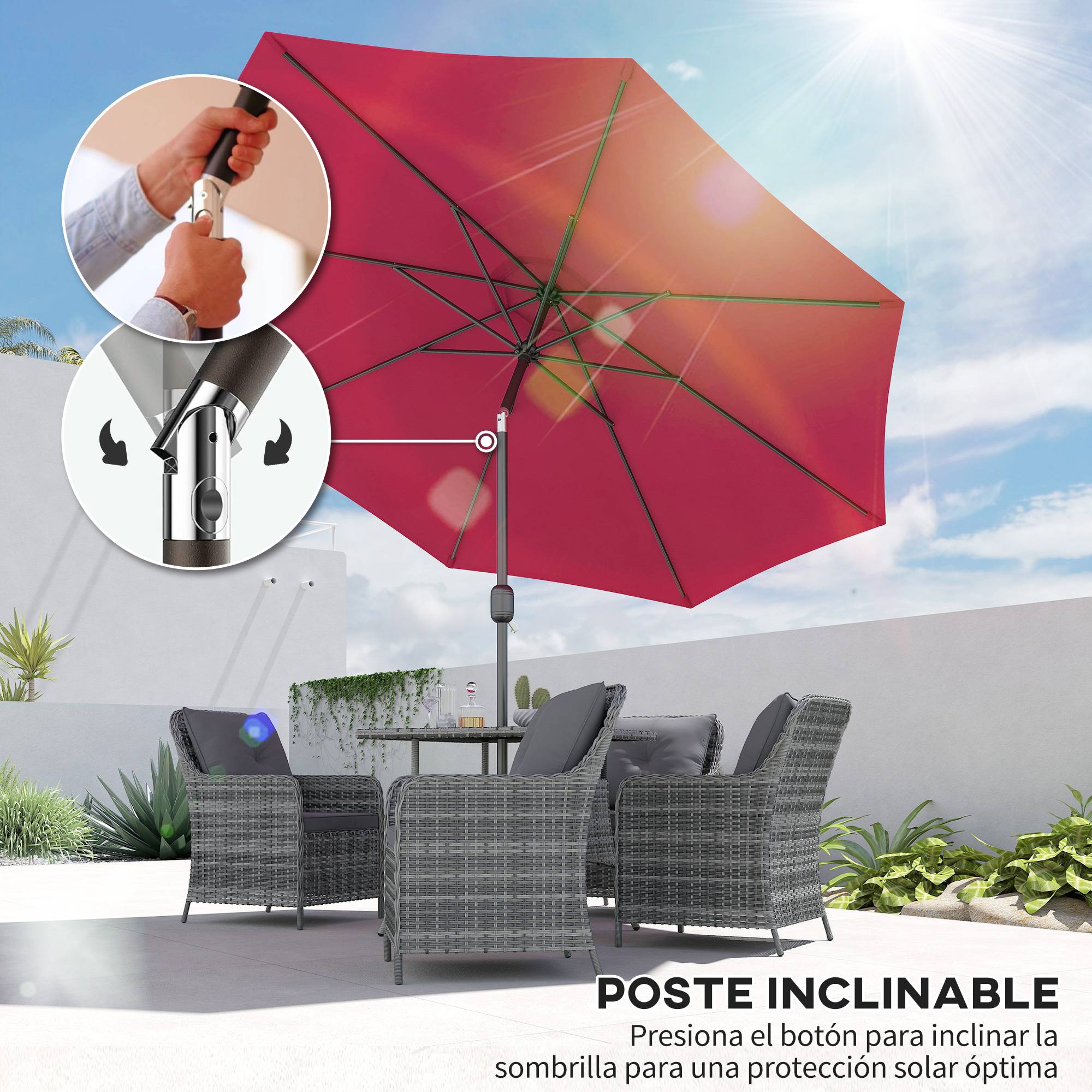Parasol jardin Ø295x250 cm, manivelle, inclinable, mât métallique amovible, terrasse piscine patio, rouge bordeaux - Image 6