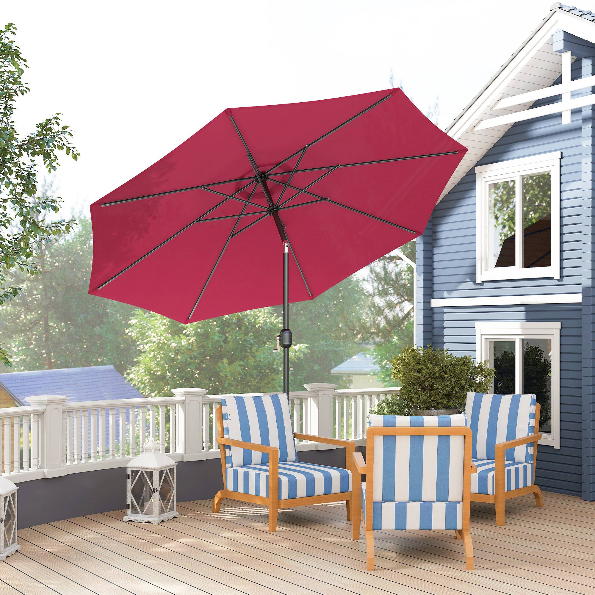 Parasol jardin Ø295x250 cm, manivelle, inclinable, mât métallique amovible, terrasse piscine patio, rouge bordeaux - Image 4