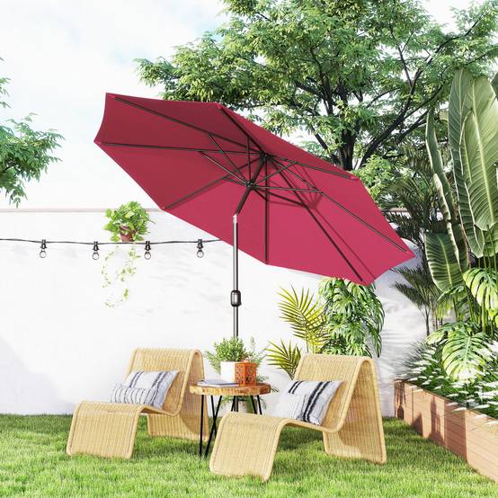 Parasol jardin Ø295x250 cm, manivelle, inclinable, mât métallique amovible, terrasse piscine patio, rouge bordeaux - Image 3