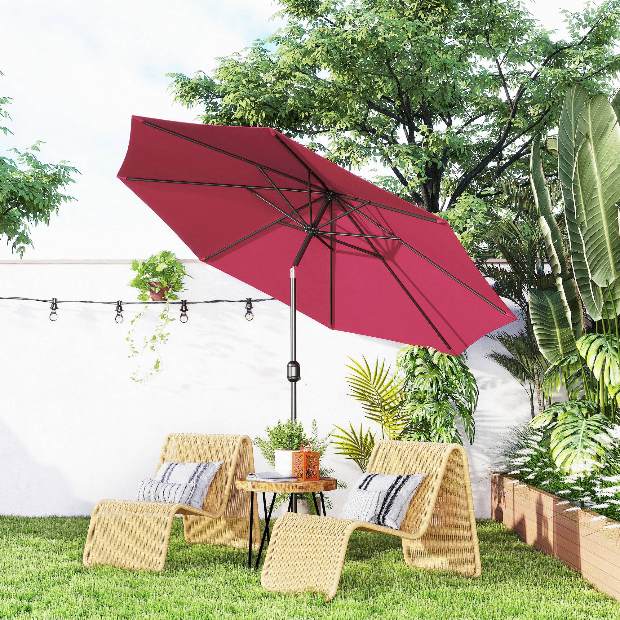 Parasol jardin Ø295x250 cm, manivelle, inclinable, mât métallique amovible, terrasse piscine patio, rouge bordeaux - Image 3