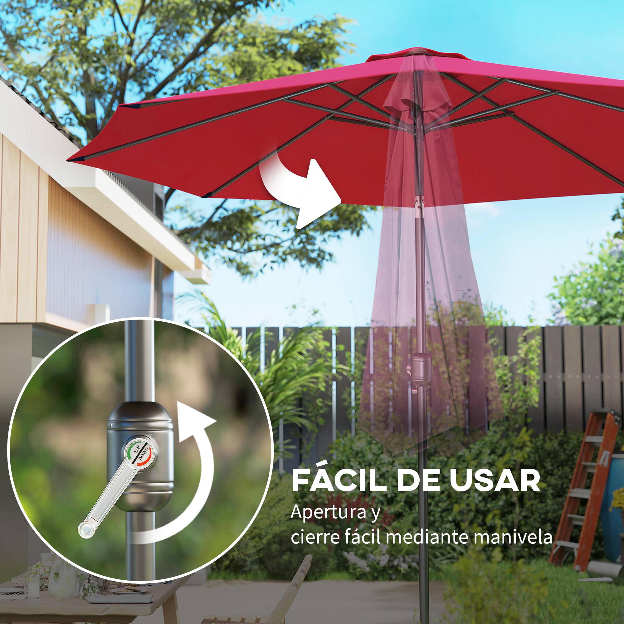 Parasol jardin Ø295x250 cm, manivelle, inclinable, mât métallique amovible, terrasse piscine patio, rouge bordeaux - Image 7