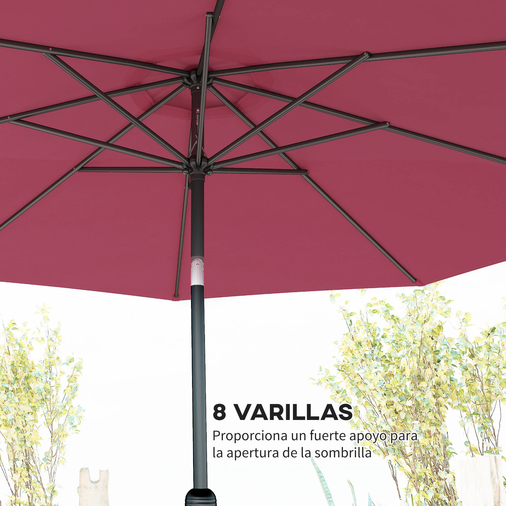 Parasol jardin Ø295x250 cm, manivelle, inclinable, mât métallique amovible, terrasse piscine patio, rouge bordeaux - Image 9